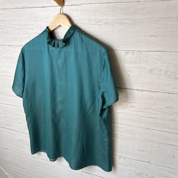 Talbots Top Womens Size 14W Dark Teal Ruffle Silk Blend Button Down Blouse - Picture 11 of 16